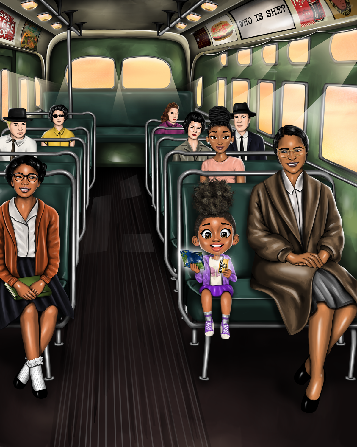 Interior illustration from Who Is She? showing Indigo Lila learning about Claudette Colvin, Rosa Parks, and civil rights history