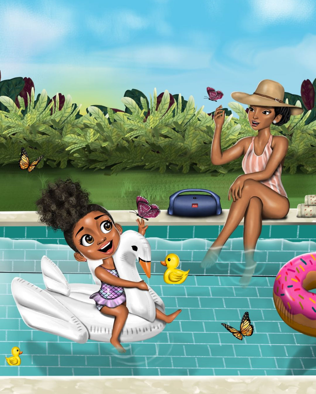 Illustration from What Animal Is That? showing Indigo Lila enjoying a swan float, toy ducks, and butterflies