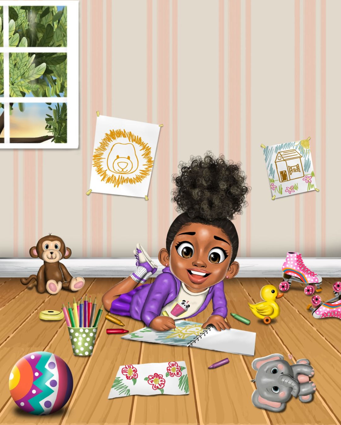 Illustration from What Animal Is That? showing Indigo Lila drawing a lion during creative play