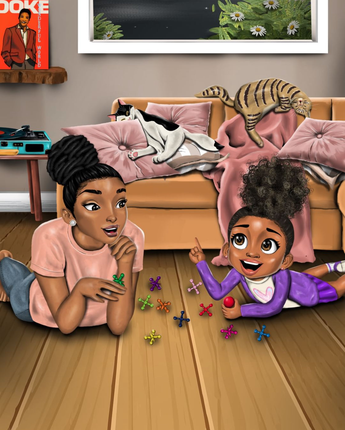 Illustration from What Animal Is That? showing Indigo Lila and Meemom enjoying family playtime with jacks and two cats