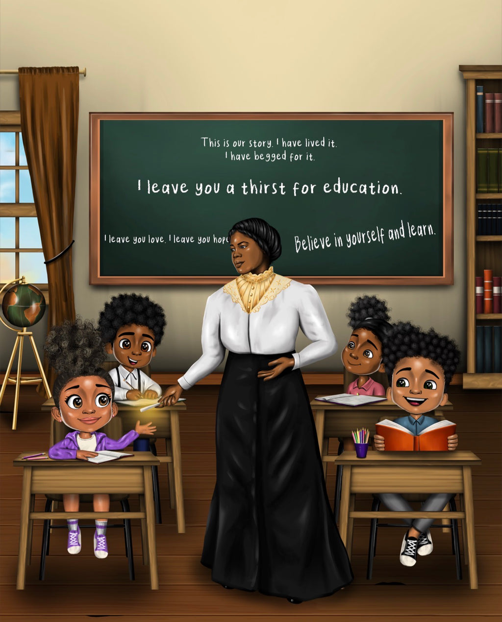 Interior illustration from Who Is She? featuring educator Mary McLeod Bethune teaching Black children