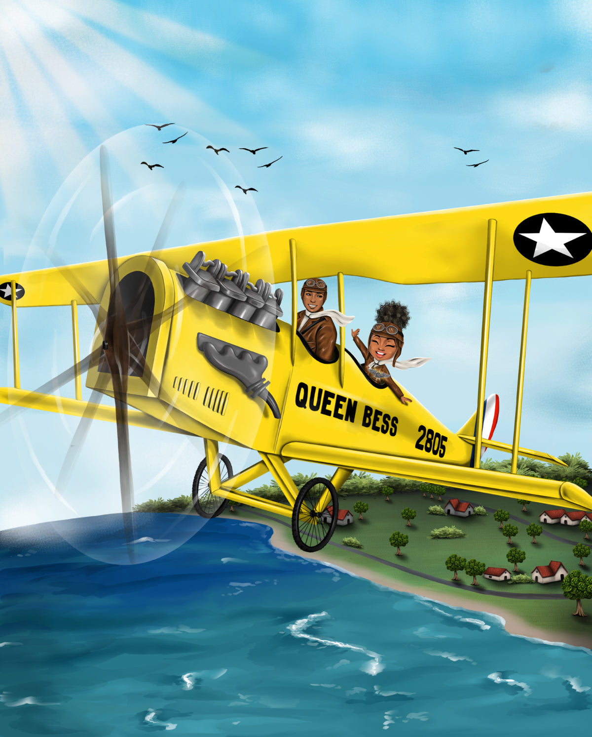 Interior illustration from Who Is She? showing Indigo Lila flying with pioneering Black aviator Bessie Coleman