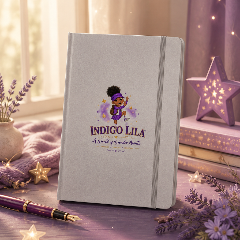Indigo Lila Keepsake Journal displayed with writing supplies in a cozy purple reading room