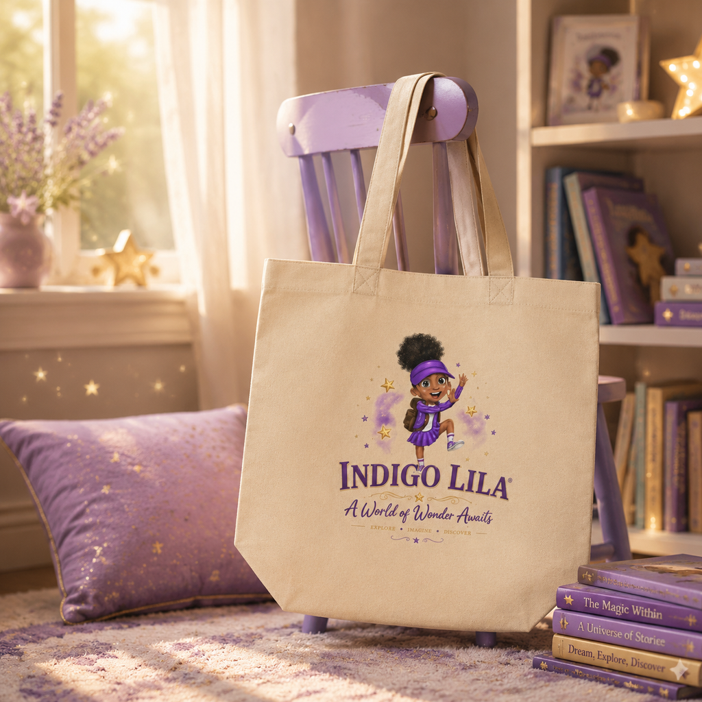 Indigo Lila Signature Book Tote displayed with children’s books in a cozy purple reading room