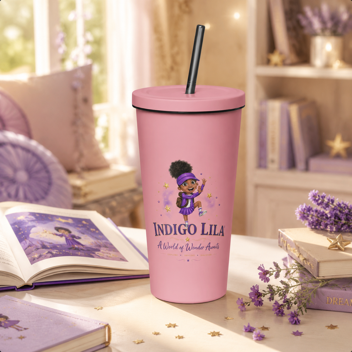 Pink Indigo Lila Signature Insulated Tumbler with Straw displayed beside an open children’s book