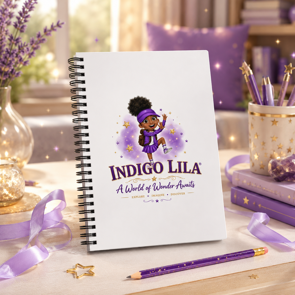 Indigo Lila Signature Spiral Notebook displayed with a purple pencil in a cozy reading and writing space