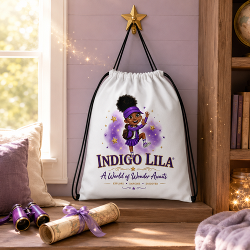 Indigo Lila Adventure Drawstring Bag displayed in a cozy children’s reading room with books and purple accents