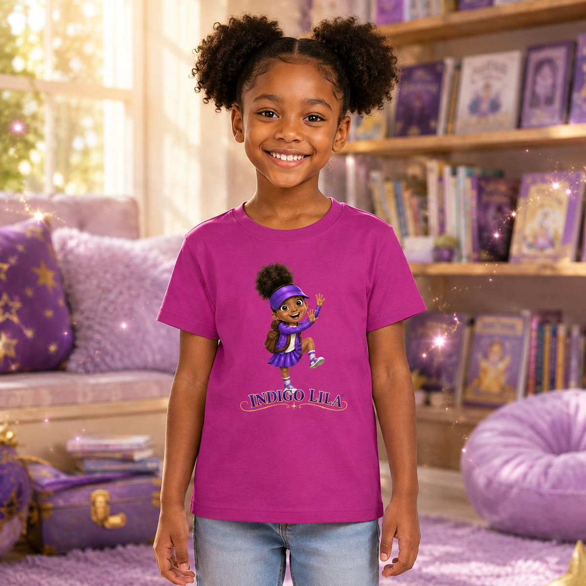 Black girl wearing a pink Indigo Lila Youth Signature T-shirt in a cozy children’s reading room