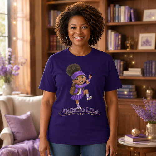 Black woman wearing a purple Indigo Lila Adult Unisex Signature T-shirt in a warm home library