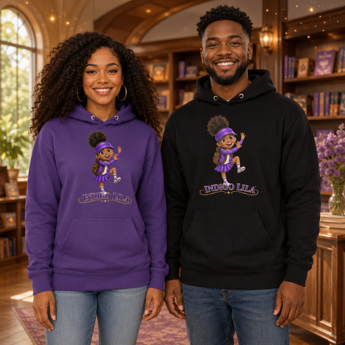 Black woman and Black man wearing purple and black Indigo Lila Adult Unisex Signature Hoodies in a cozy home library