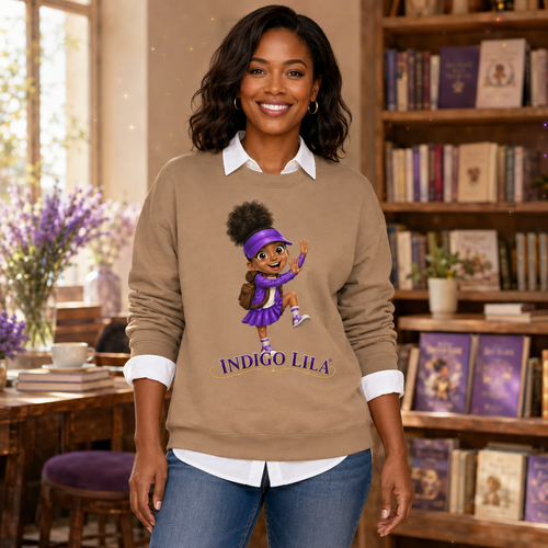 Black woman wearing a tan Indigo Lila Adult Unisex Signature Crewneck Sweatshirt layered over a white shirt