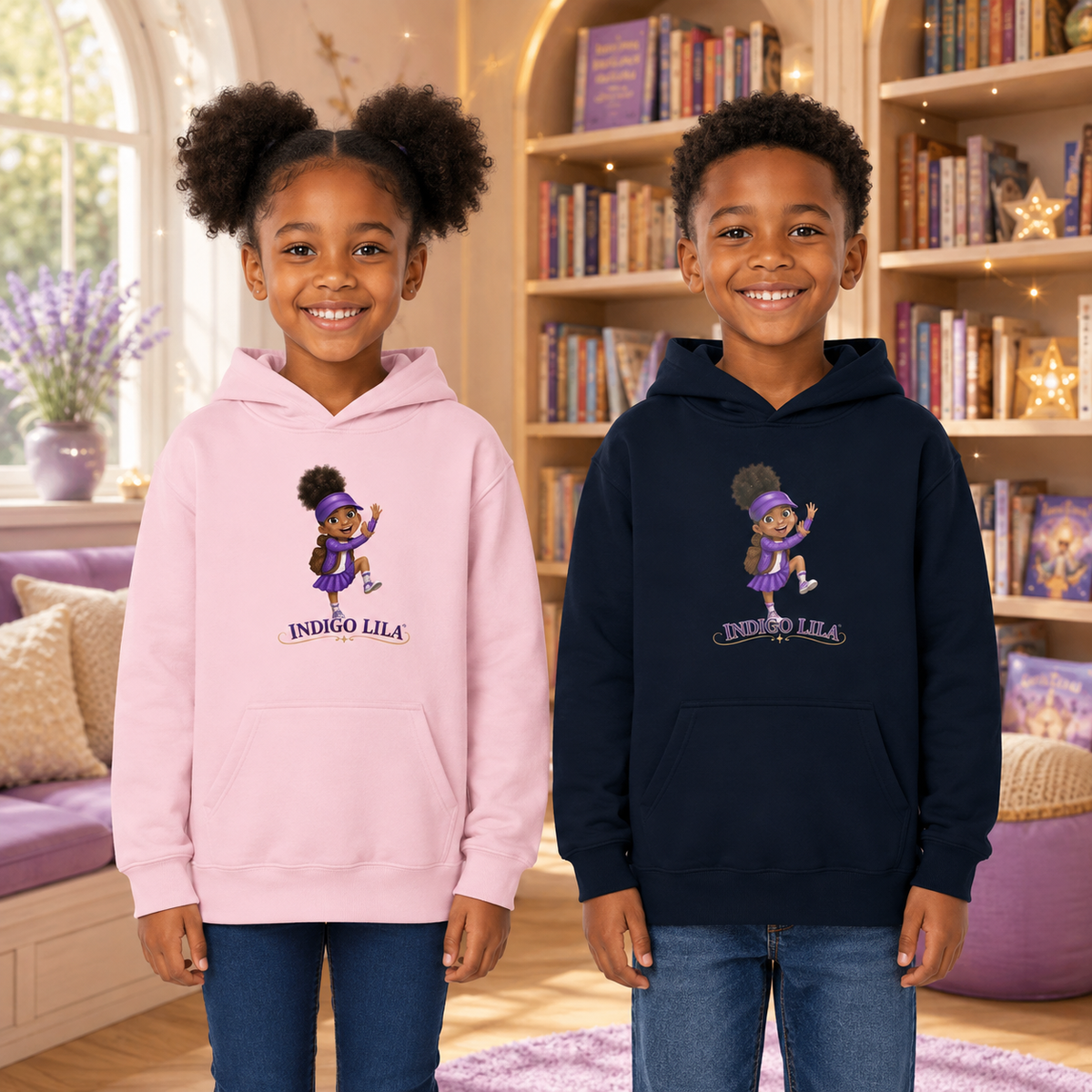 Black children wearing light pink and navy Indigo Lila Youth Unisex Signature Hoodies in a cozy children’s reading room