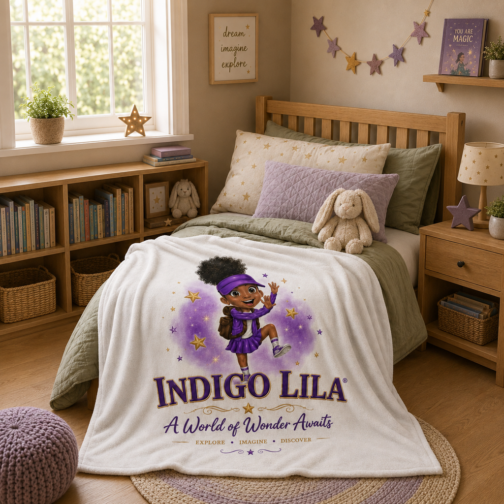 Indigo Lila Signature Fleece Throw Blanket displayed on a child’s bed in a cozy bedroom reading space