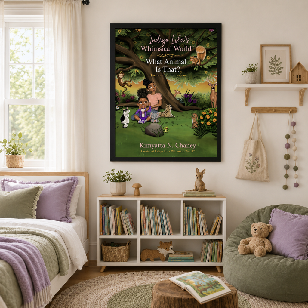 What Animal Is That Nature Discovery Framed Poster displayed in a cozy child’s bedroom reading space