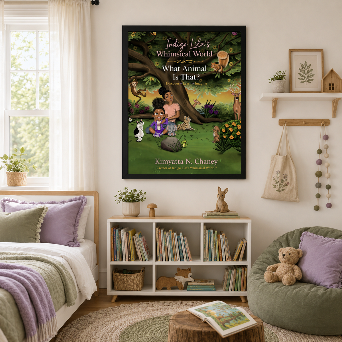 What Animal Is That Nature Discovery Framed Poster displayed in a cozy child’s bedroom reading space