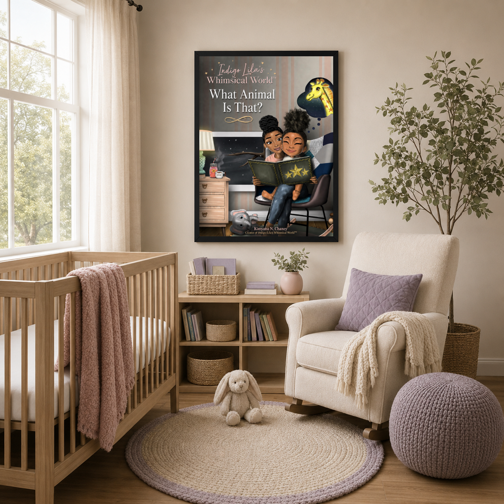 Indigo Lila Storytime Together Framed Poster displayed in a peaceful nursery reading corner